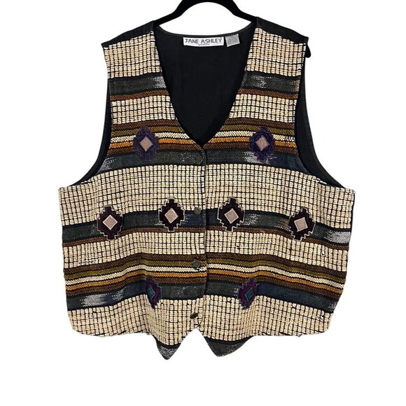 Jane Ashley Western Tapestry Vest 2X Brown Striped Denim Southwest Vintage 80s - Picture 1 of 13